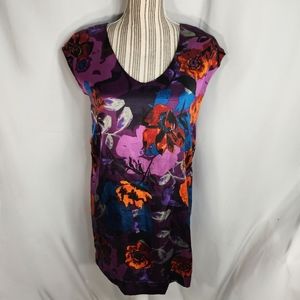 Lush Multicolored Floral Print V Neck Cap Sleeve Textured Satin Dress Sz Medium